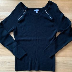 NY & Company Black Ribbed Zipper Accent Top- Lg